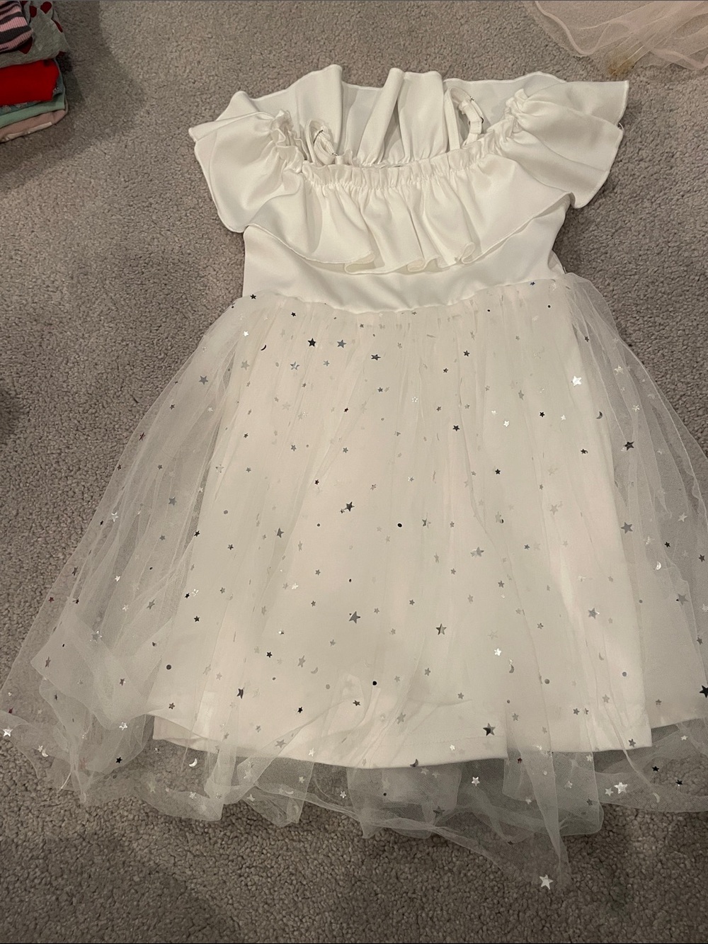 Girls White Star Tulle Party Dress with Ruffle Bodice